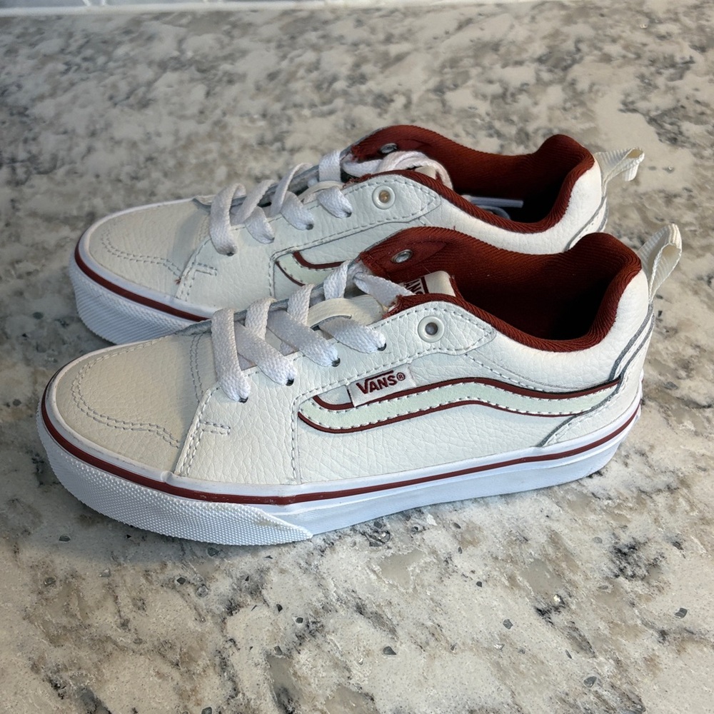 Vans Kids White Sneakers with Burgundy Trim